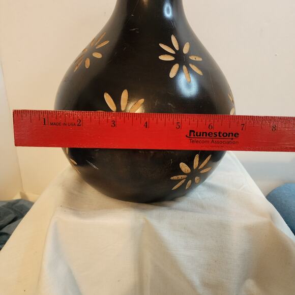 Vintage Polish Carved Wood Vase Floral Inlay Dark Brown Folk Art 8" Tall Heavy - Picture 7 of 10